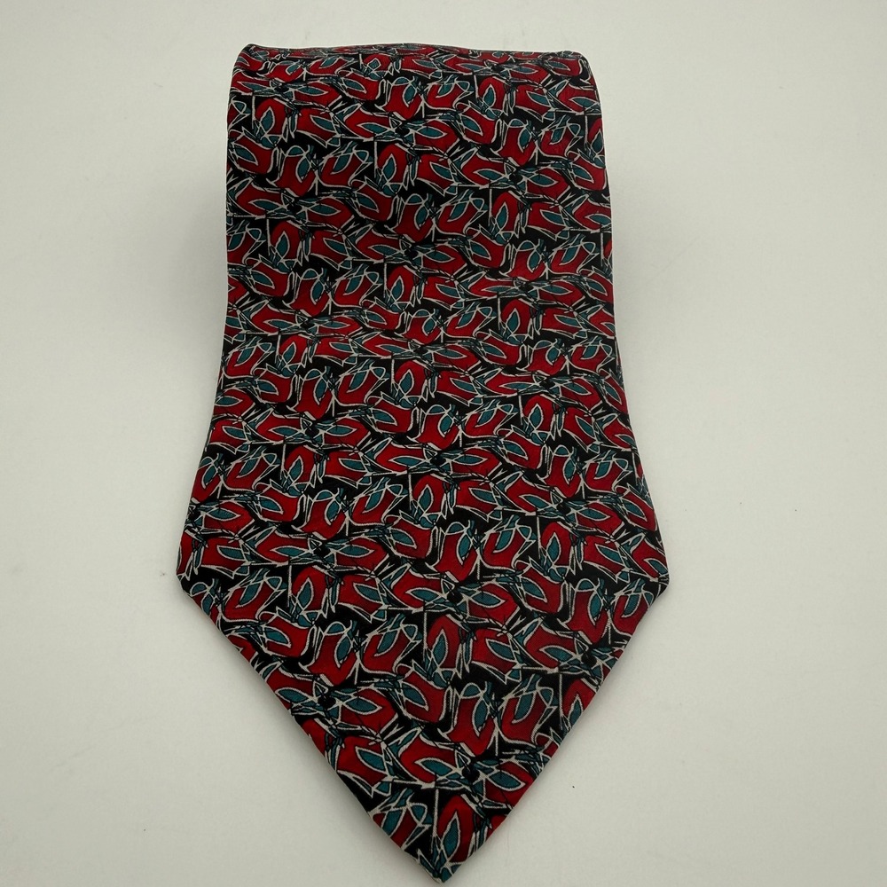 Raphael Roma Milano Mens Silk Tie Red Teal Black Abstract Geometric Handmade EUC